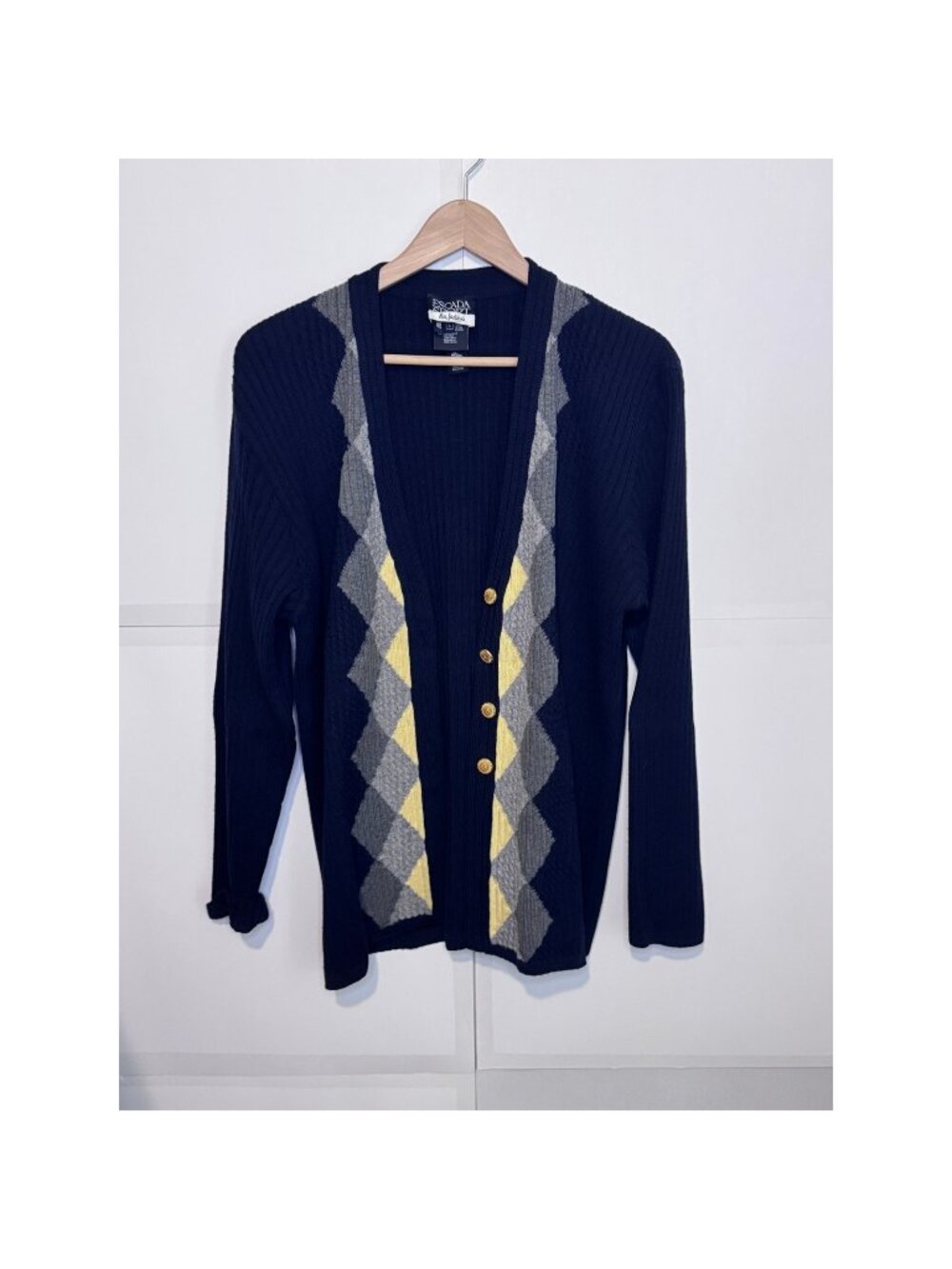 Escada Sport Blue Argyle Cardigan New Wool Women's Sweater, Size L